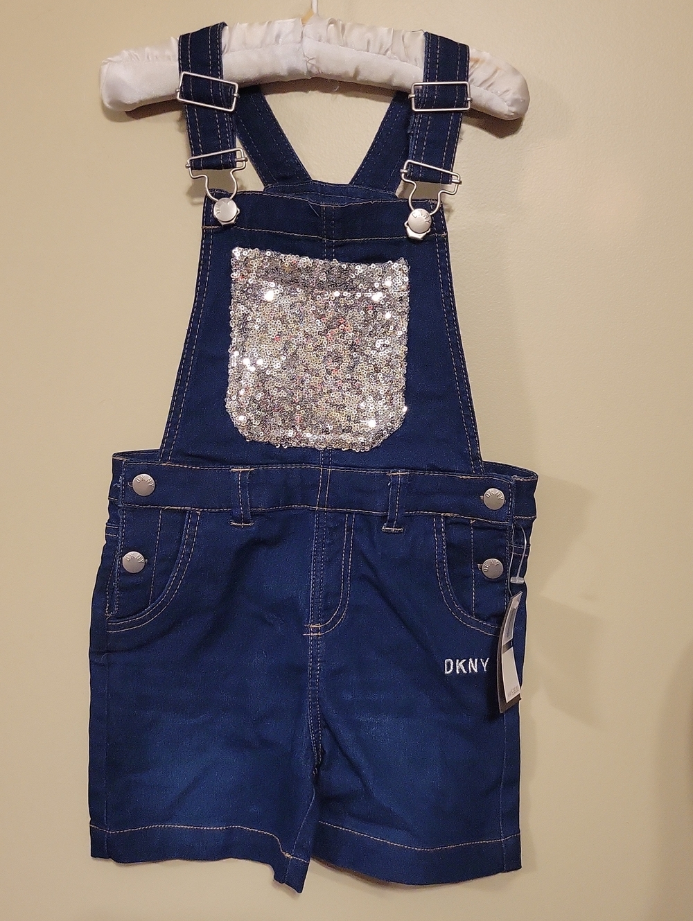 Dkny Navy Denim Short Overalls with Silver Sequin Pocket, Button Sides